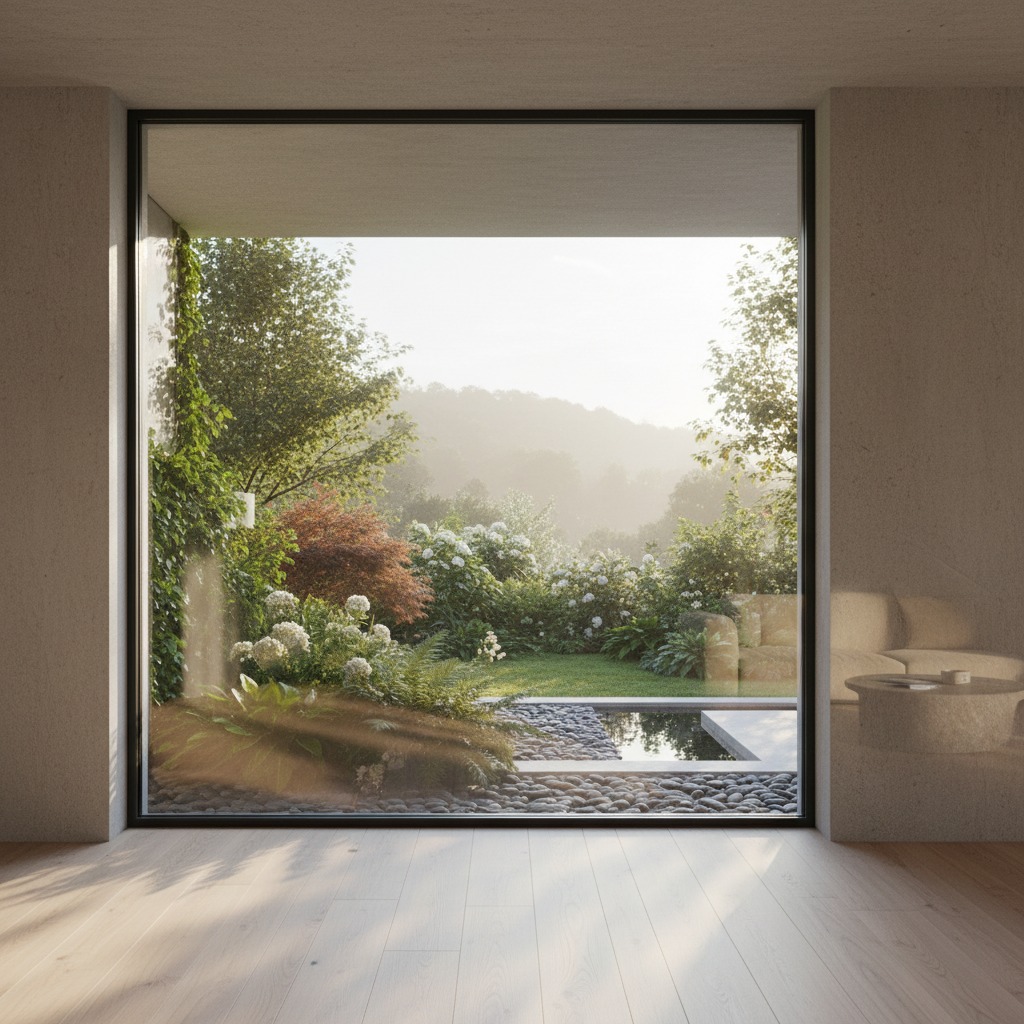 A large floor-to-ceiling window frames a view of a lush garden with a small pond and distant hills.