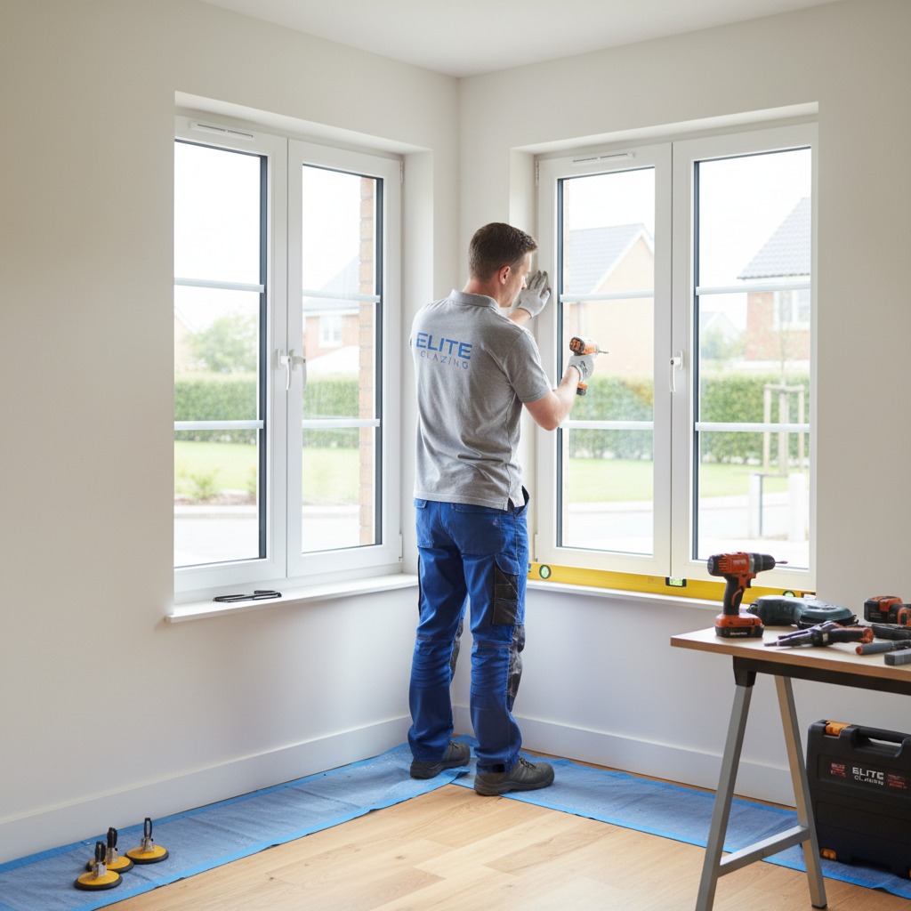 A technician wearing an Elite Glazing uniform uses a power drill to install a window frame in a room.