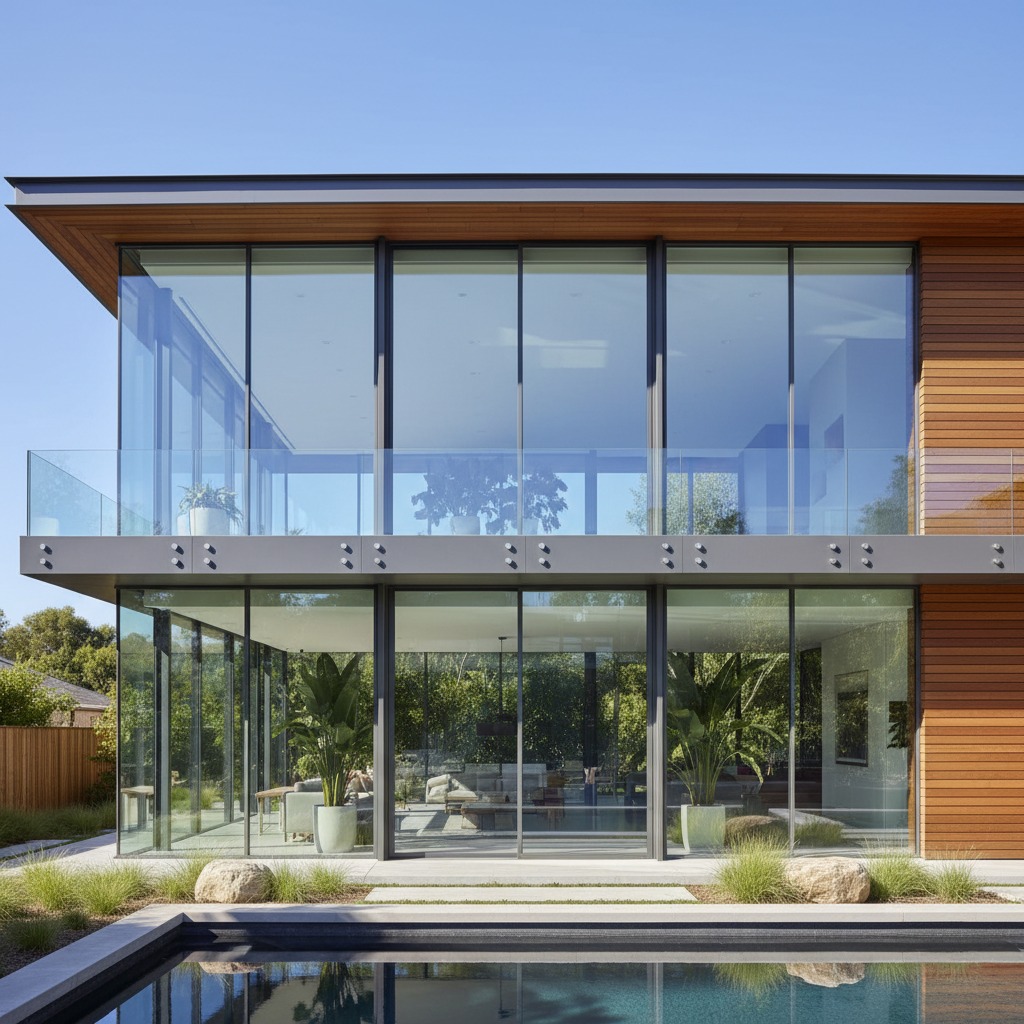 A modern two-story home with floor-to-ceiling glass walls and wood siding overlooks a backyard swimming pool.