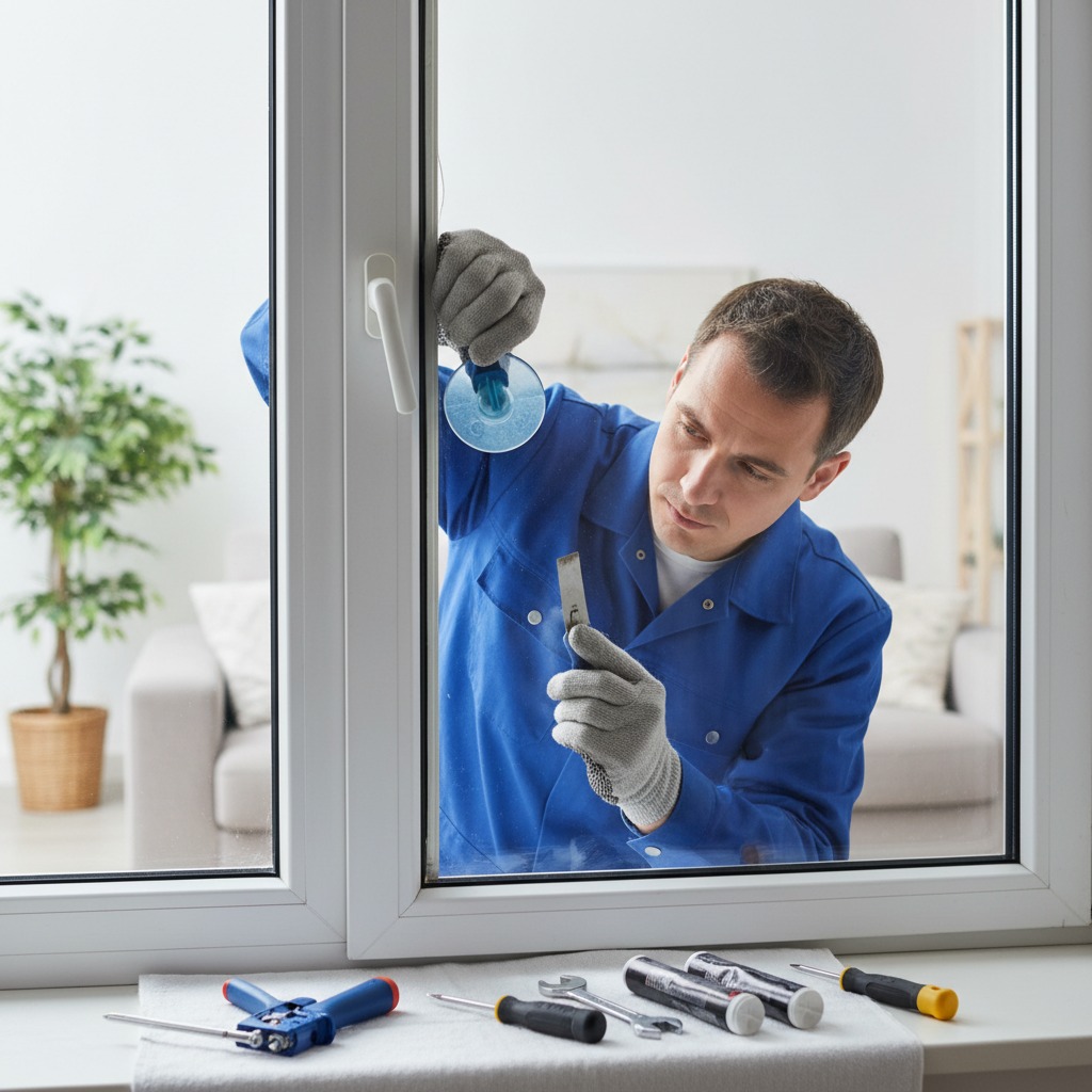 A technician in a blue uniform uses a suction cup and a scraper to install or repair a window pane.