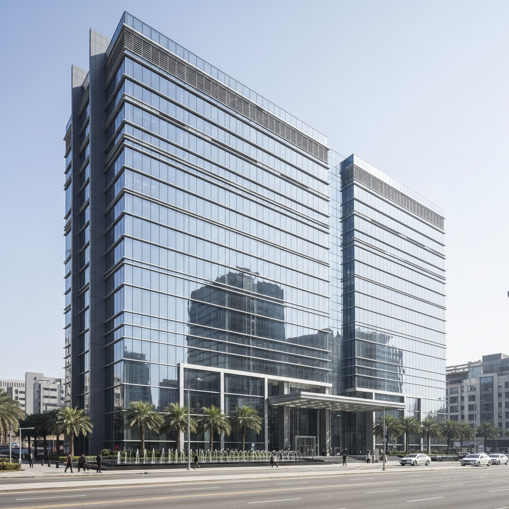 A modern glass office building with a reflective facade stands behind a row of palm trees and a fountain.