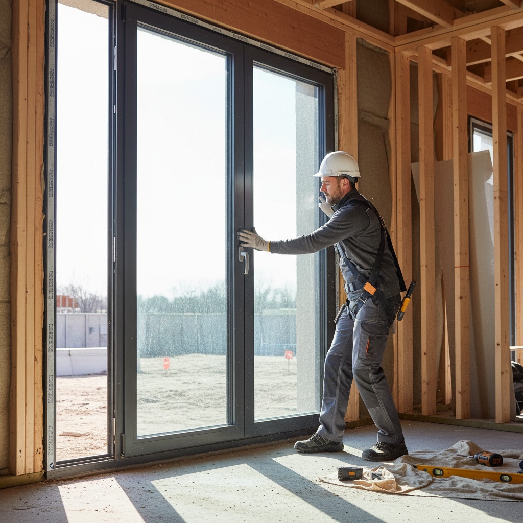 A construction worker in a hard hat and work clothes installs a large glass door in a house under construction.