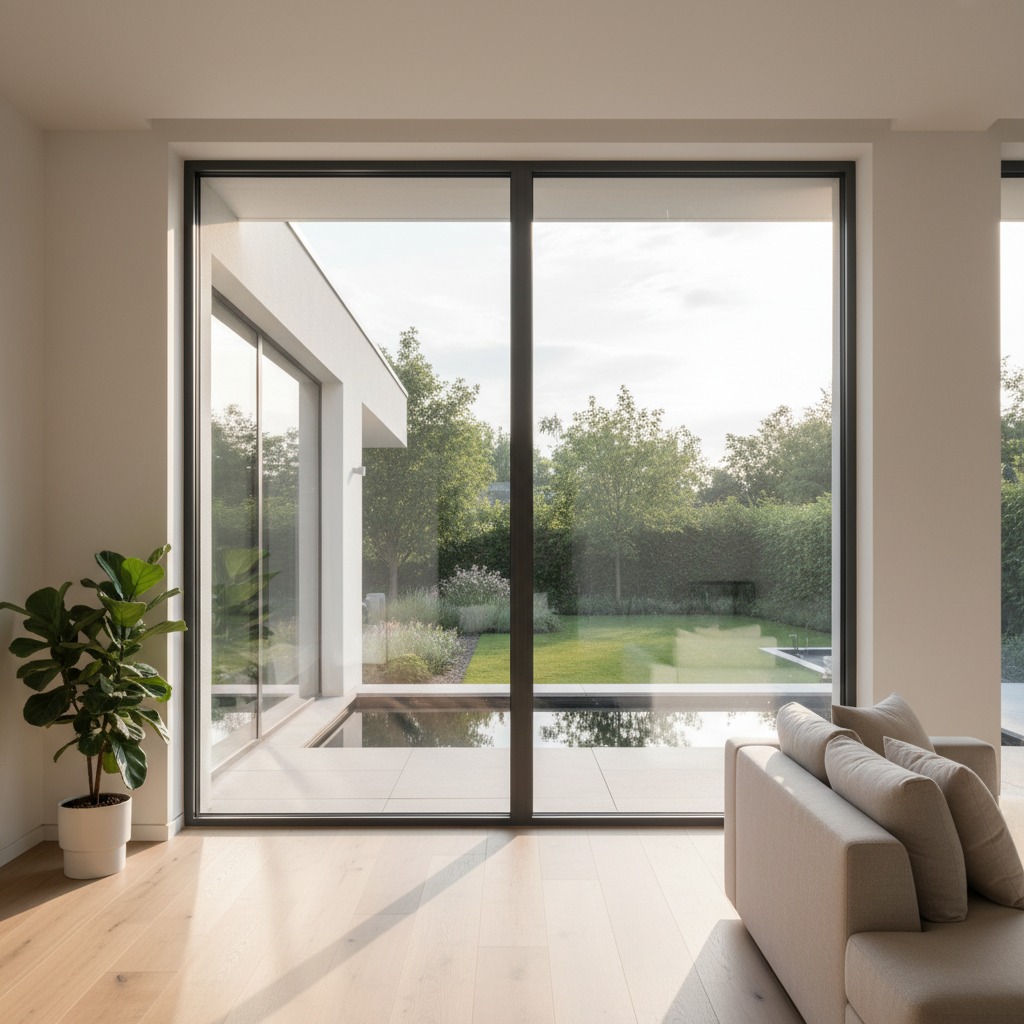A modern living room features a large floor-to-ceiling window overlooking a patio with a small pool and a lush green garden.